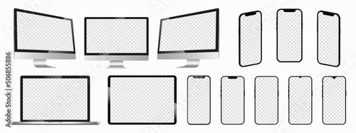 Realistic mock up set computer, laptop, tablet and phone. Device screen mockup collection. Mock up computer, laptop, tablet, phone. Vector illustration EPS 10