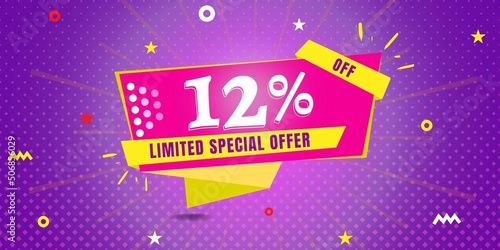 12  off limited special offer. Banner with twelve percent discount on a  purple background with yellow square and pink