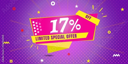 17  off limited special offer. Banner with seventeen percent discount on a  purple background with yellow square and pink
