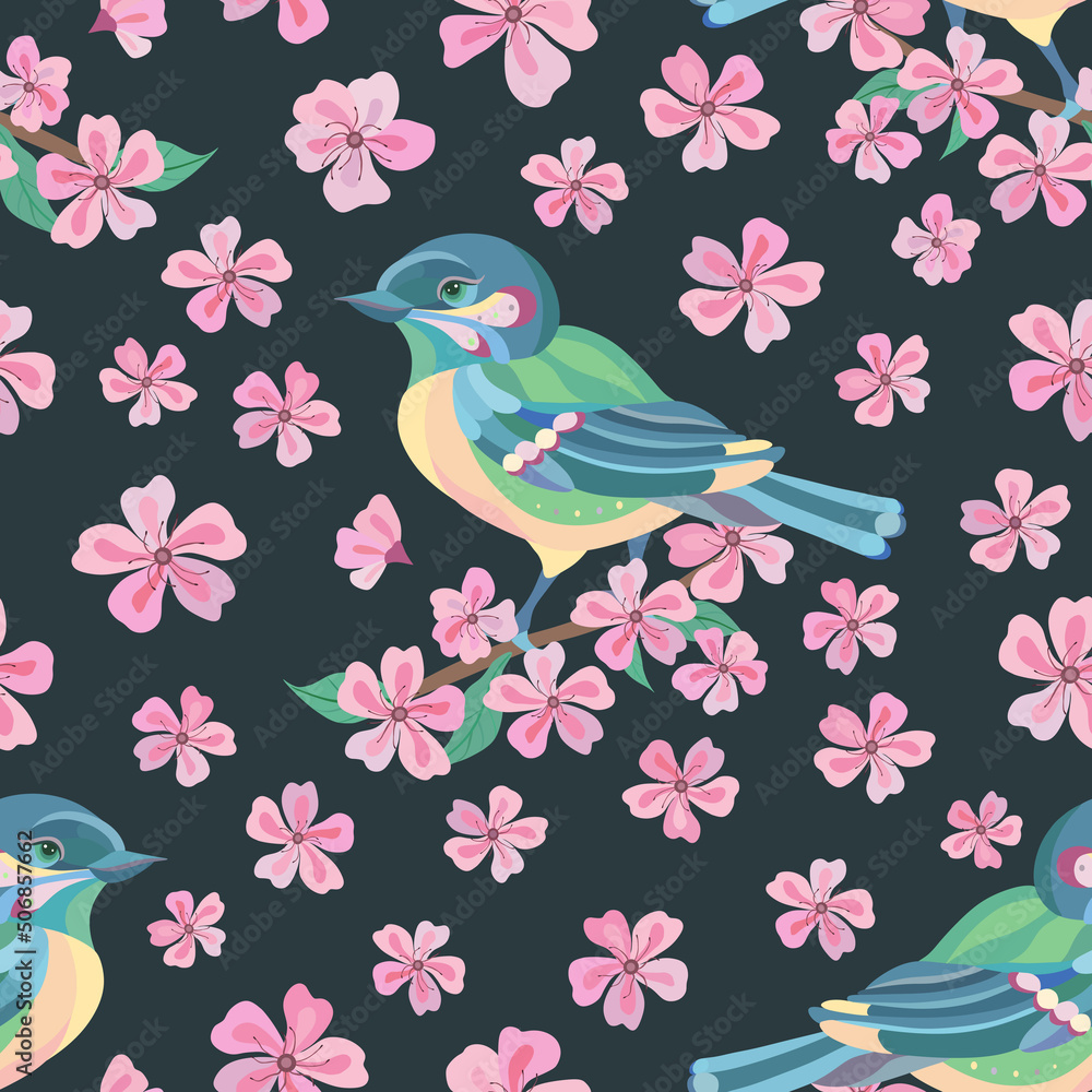 Seamless vector pattern of titmouse and sakura flowers. Decoration print for wrapping, wallpaper, fabric, textile. Spring background.  