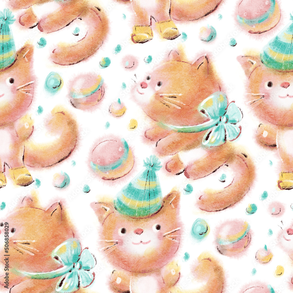 Seamless pattern - funny cartoon kittens.