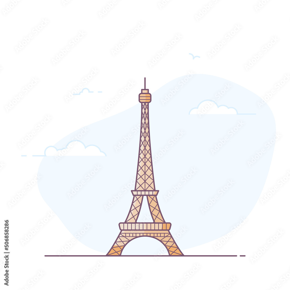 Fototapeta premium Paris city line style illustration. Famous Eiffel tower in Paris, France. Architecture city symbol of France. Outline color building vector illustration. Sky clouds on background. Travel and tourism