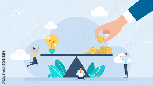 Businessman pays for a creative idea. Happy artist. Decent pay for creative work. Light Bulb ideas and money balance on the scale. Value of idea. Business concept. Flat style. Vector illustration.