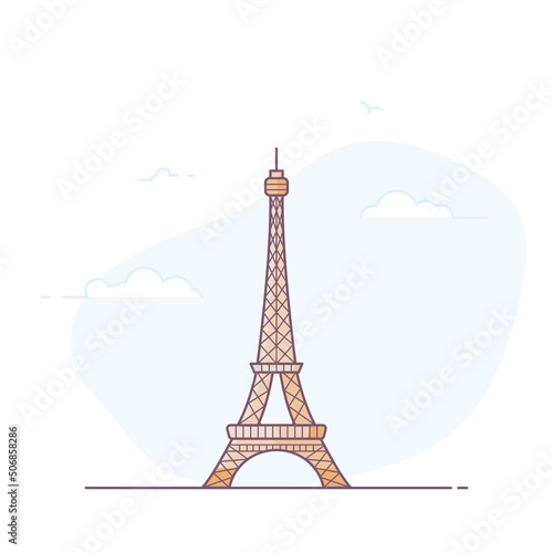 Paris city line style illustration. Famous Eiffel tower in Paris, France. Architecture city symbol of France. Outline color building vector illustration. Sky clouds on background. Travel and tourism
