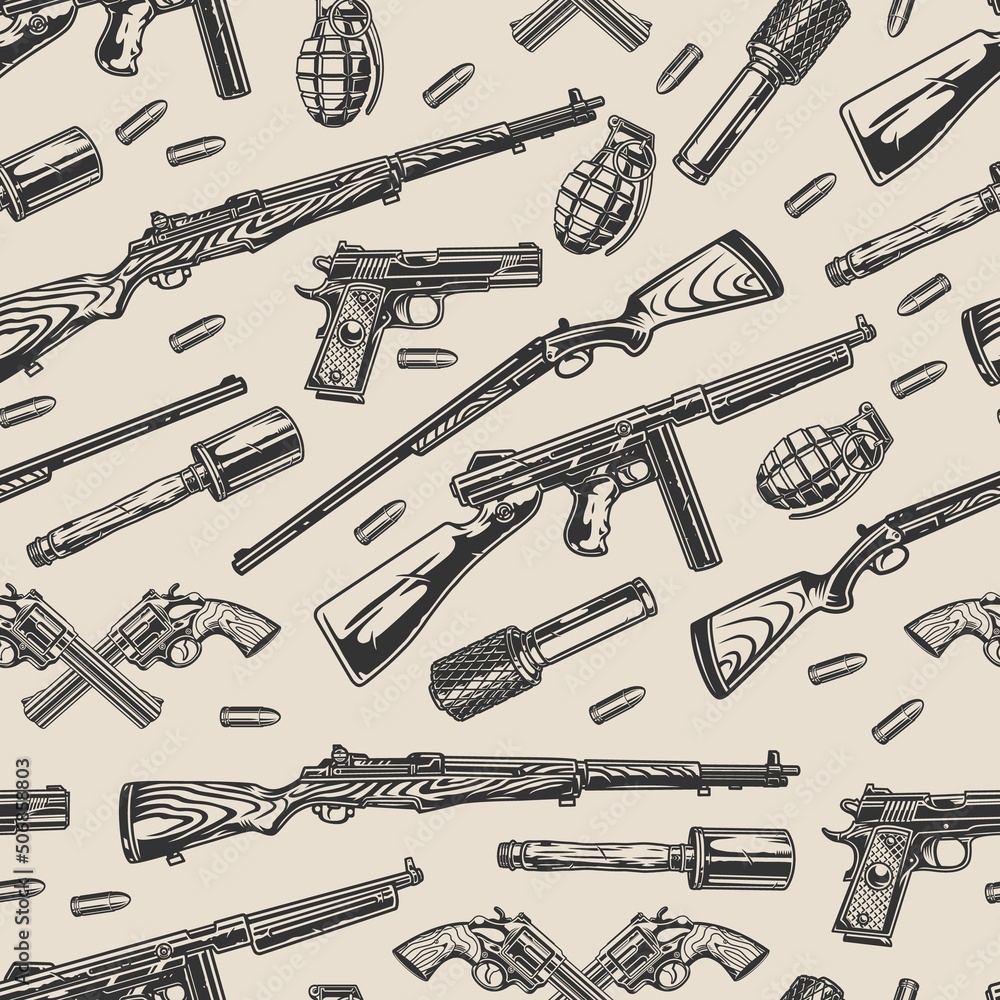 Soldier weapons monochrome seamless pattern