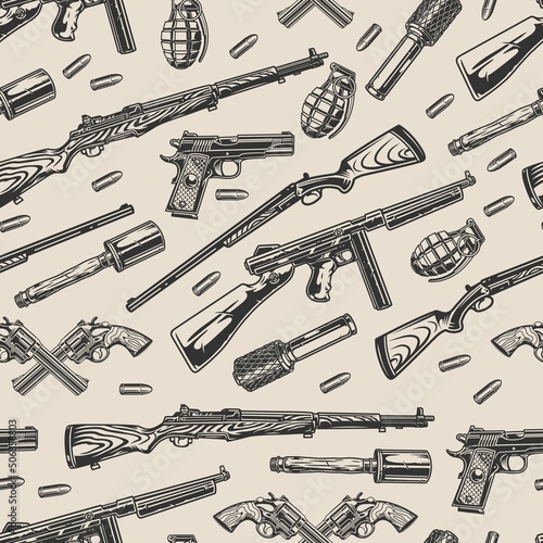Soldier weapons monochrome seamless pattern