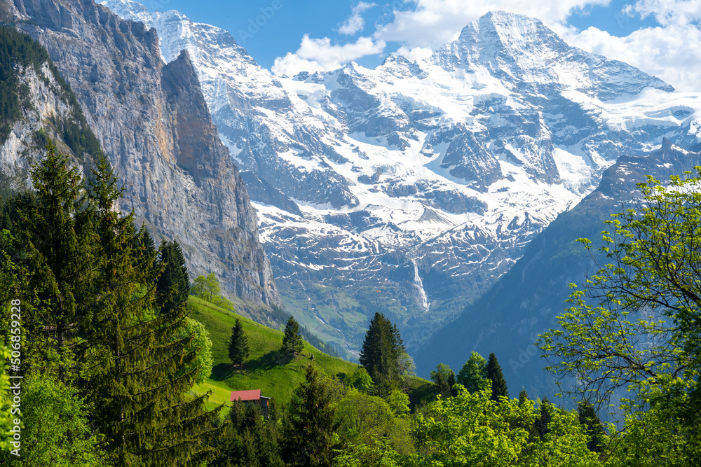 amazing view on swiss Alps from Wengen village in Switzerland