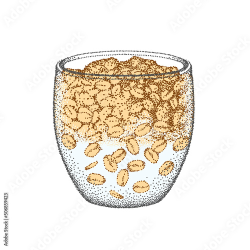 Granola yogurt in glass. Oatmeal healthy breakfast, oat grain porridge. Healthy food diet, muesli flakes. Vector sketch. Realistic illustration.