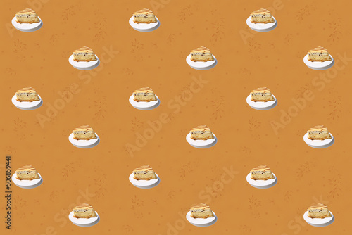 seamless texture, pattern with piece of biscuit cake with chocolate, cream, marzipan on white plate, isolated peach background, calorie sweets concept, unhealthy food, homemade baking for wallpaper