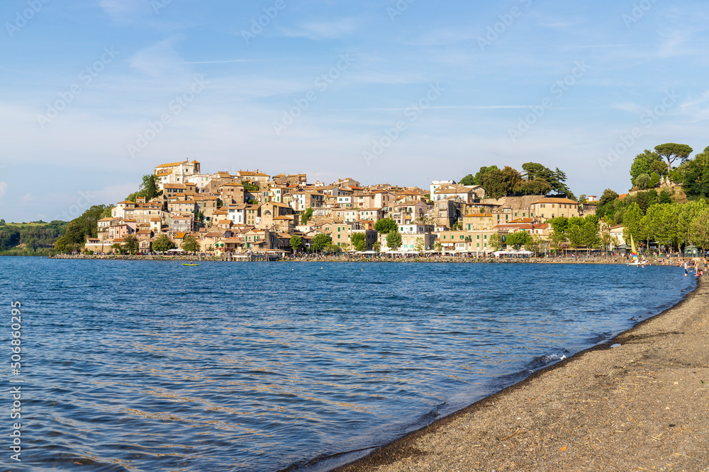 Picturesque view of Lake Bracciano and Anguillara Sabazia village in the province of Rome, Italy.