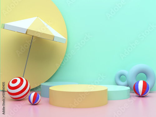Podiums with beach theme with pastel yellow and green wallpaper. Pedestal for kid product presentation. Geometric 3D render photo