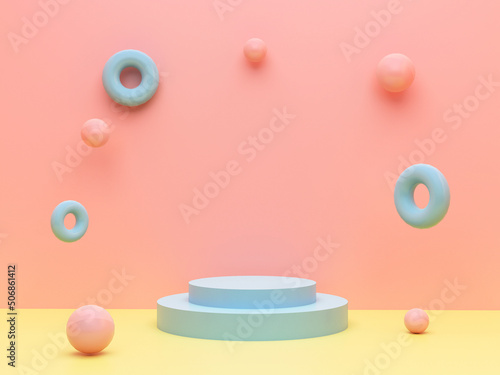 Blue stage podium surrouned with spheres and rubber rings on pastel pink wallpaper. Pedestal for kid product presentation. Geometric 3D render photo