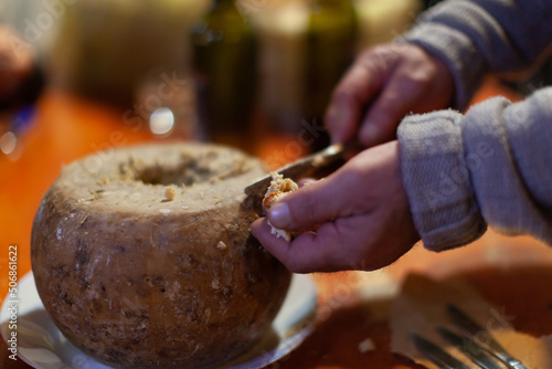 Famous Casu Marzu or casu Martzu Cheese with Worms from Sardinia Italy Close Up photo
