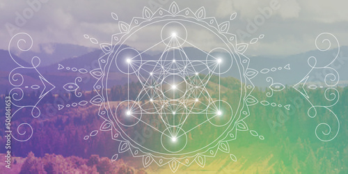 Sacred geometry zentangle inspired design template with oriental tribal ornaments. Merkaba ornamental new age art.