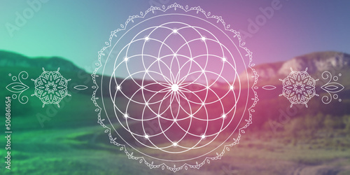 Sacred geometry zentangle inspired design template with oriental tribal ornaments. Flower of life ornamental new age art.