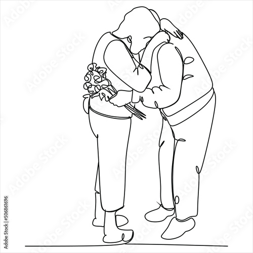 Elderly couple in continuous line art drawing style. Senior man and woman walking together holding hands. Minimalist black linear sketch isolated on white background. Vector illustration
