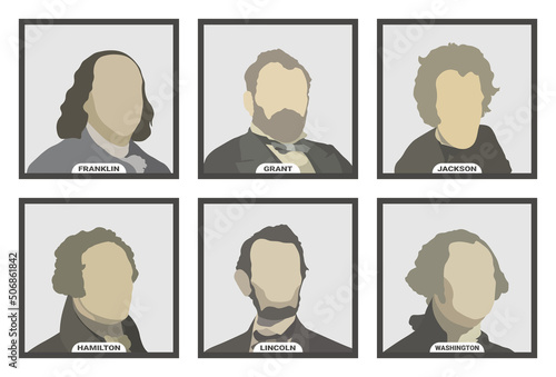 Benjamin Franklin, Ulysses S. Grant, Andrew Jackson, Alexander Hamilton, Abraham Lincoln and George Washington, politicians and Presidents of the United States of America. Stylized vector portraits photo