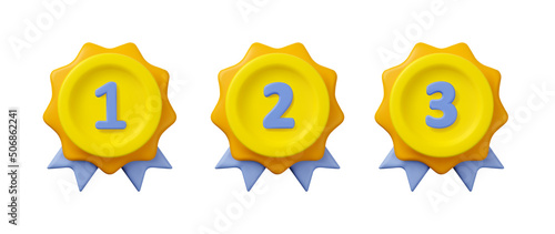3d medal first, second, third place icon. Winner award certificate. Vector champion prize badge render illustration isolated on a white background