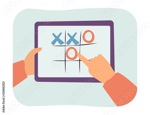 Gamer playing tic tac toe game on tablet. Finger of person drawing crosses and zeros on screen flat vector illustration. Gamification, strategy concept for banner, website design or landing web page