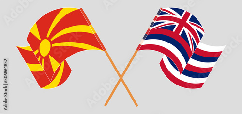 Crossed and waving flags of North Macedonia and The State Of Hawaii