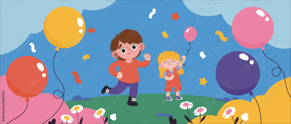 Boy and girl with balloons. Vector illustration for the design of kindergartens and schools