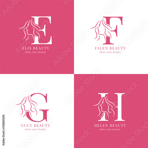 Minimalist and elegant hand drawn letters with woman silhouette E to H salon or skincare logo