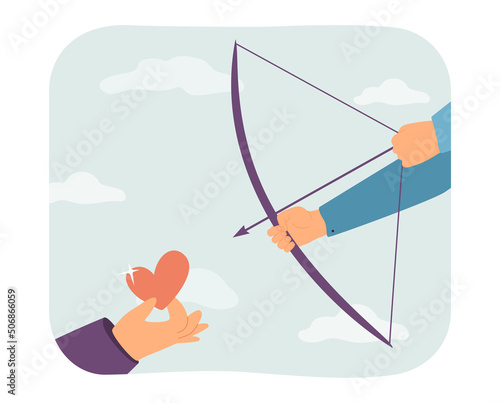 Person aiming at red heart in hands of man. People holding symbol of love, bow and arrow flat vector illustration. Target, Valentines day concept for banner, website design or landing web page