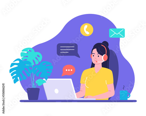 Woman works on laptop, communicates with customers through headset and responds to messages. Online consultant, working from home, solving everyday problems with clients.Vector illustration