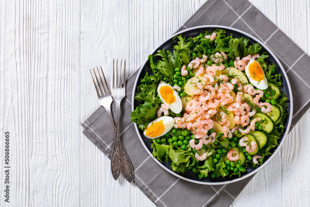 pink cocktail shrimps salad with veggies and eggs pink cocktail shrimps salad with veggies and eggs