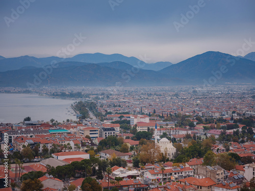 Aerial view popular tourist city of Fethiye landscape and cityscape. View from top. Fethiye, Mediterranean sea, Turkey. photo