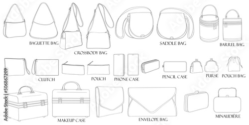 Types of bags. Baguette, crossbody, envelope, barrel, minaudière, saddle, clutch, purse, makeup case, pencil case, phone case, duffle bag, pouch. A set of stylish bags isolated on a white background. 
