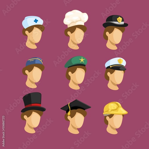 Woman head avatar wear hat symbol for occupation collection set cartoon illustration vector