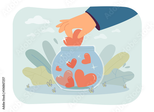 Volunteers hand putting heart in glass donation jar. Person giving love gift to poor people flat vector illustration. Charity campaign, service concept for banner, website design or landing web page