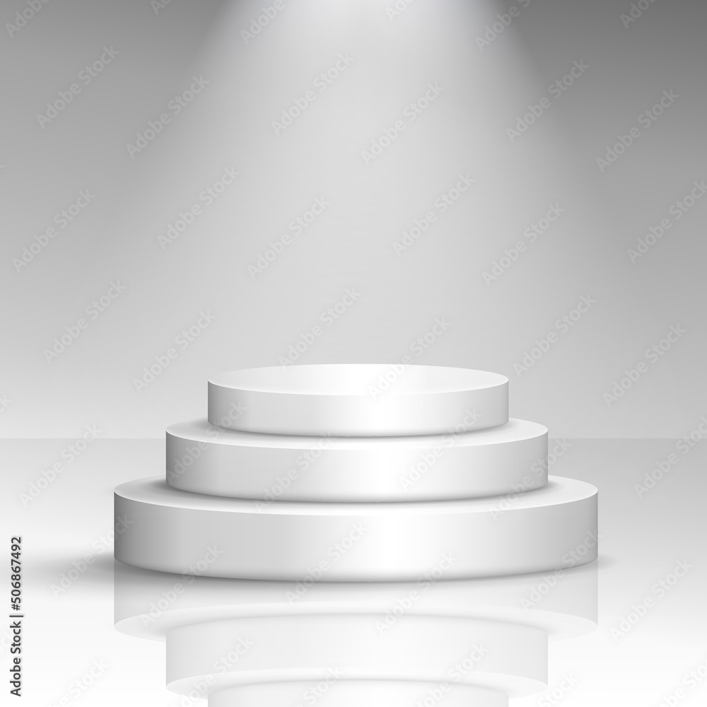 Realistic white scene with bright lightning. Round podium stairs. 3d rendering vector cylinder podium with spotlights for product presentation. 3D display product scene, platform mock up Realistic white scene with bright lightning. Round podium stairs. 3d rendering vector cylinder podium with spotlights for product presentation. 3D display product scene, platform mock up