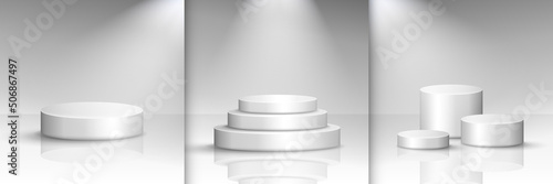 Collection of three white scenes with bright lightning. Round podium stairs. 3d rendering vector cylinder podiums with spotlights for product presentation. 3D display product scene, platform mock up