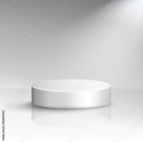 Minimal white vector podium mockup. Pedestal, platform, stage, dais template for product presentation. Showcase concept. Scene with reflection and spotlight