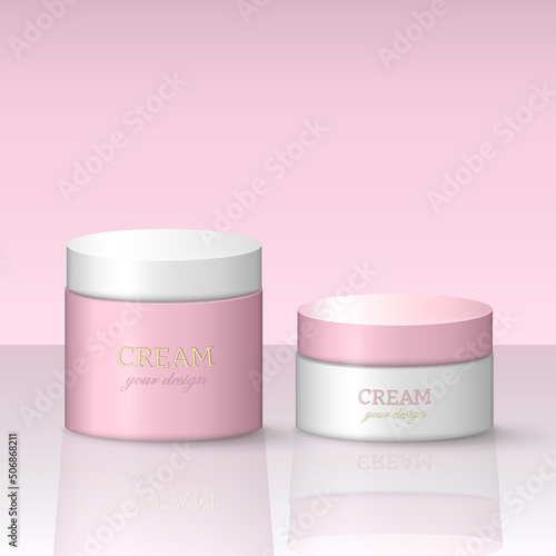Two 3d cream jars with lids. Skincare product mockup with reflection for logo design. Rounded pink and white cosmetic containers for creme, lotion, moisturizer, gel. Vector cosmetic package template