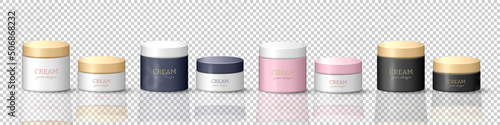 Collection of 3d cream jars with lids. Skincare product mockup, template for logo design. Rounded pink, white, blue, black and golden cosmetic containers for creme, lotion, moisturizer, gel, etc.