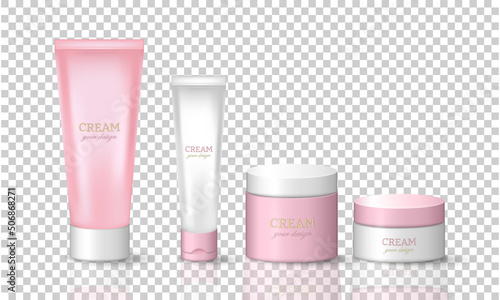 Set of 3d pink and white cream tubes and jars. Vector skincare packages, containers, bottles isolated on transparent background. Cosmetic container mockup