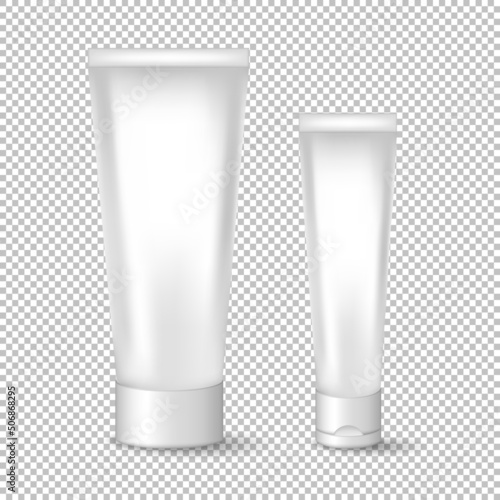 Two white 3d cream tubes isolated on transparent background. Skincare product mockup for logo design. Plastic cosmetic containers template for creme, tooth paste, lotion, moisturizer, gel. 
