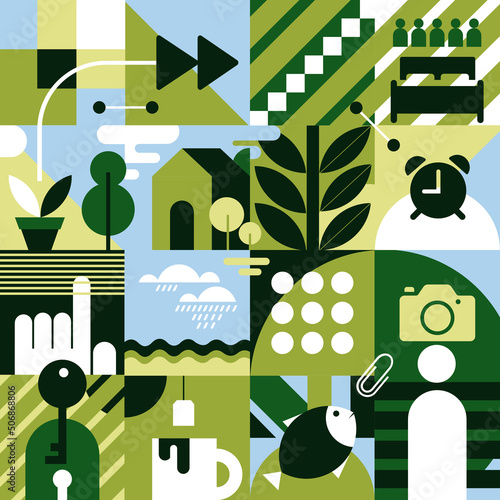 Abstract geometric illustration expressing day to day life with simple shapes and elements