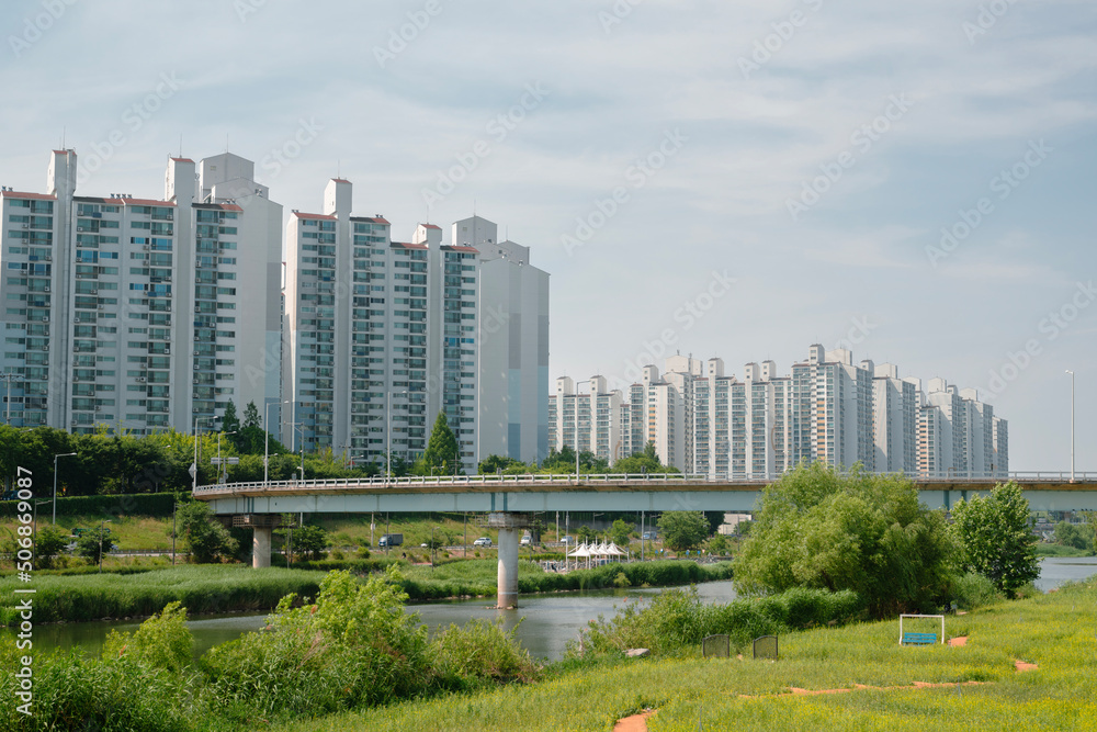 Jungnangcheon Stream park and apartment buildings in Seoul, Korea