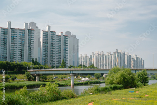 Jungnangcheon Stream park and apartment buildings in Seoul  Korea