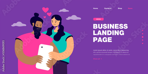 Online romantic dating of love partners. Couple of man and woman holding smartphone together on date flat vector illustration. Flirt, dating app concept for banner, website design or landing web page