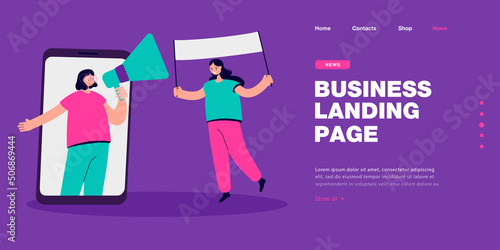 People with megaphone and poster attracting attention. Public message of female speakers flat vector illustration. Social media promotion, announce news concept for website design or landing web page