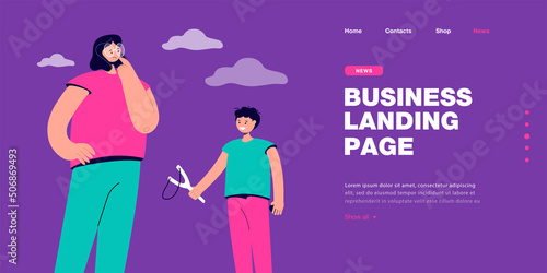 Woman worried about naughty boy with slingshot. Mischievous kid character playing with slingshot flat vector illustration. Bad behavior of child concept for banner, website design or landing web page