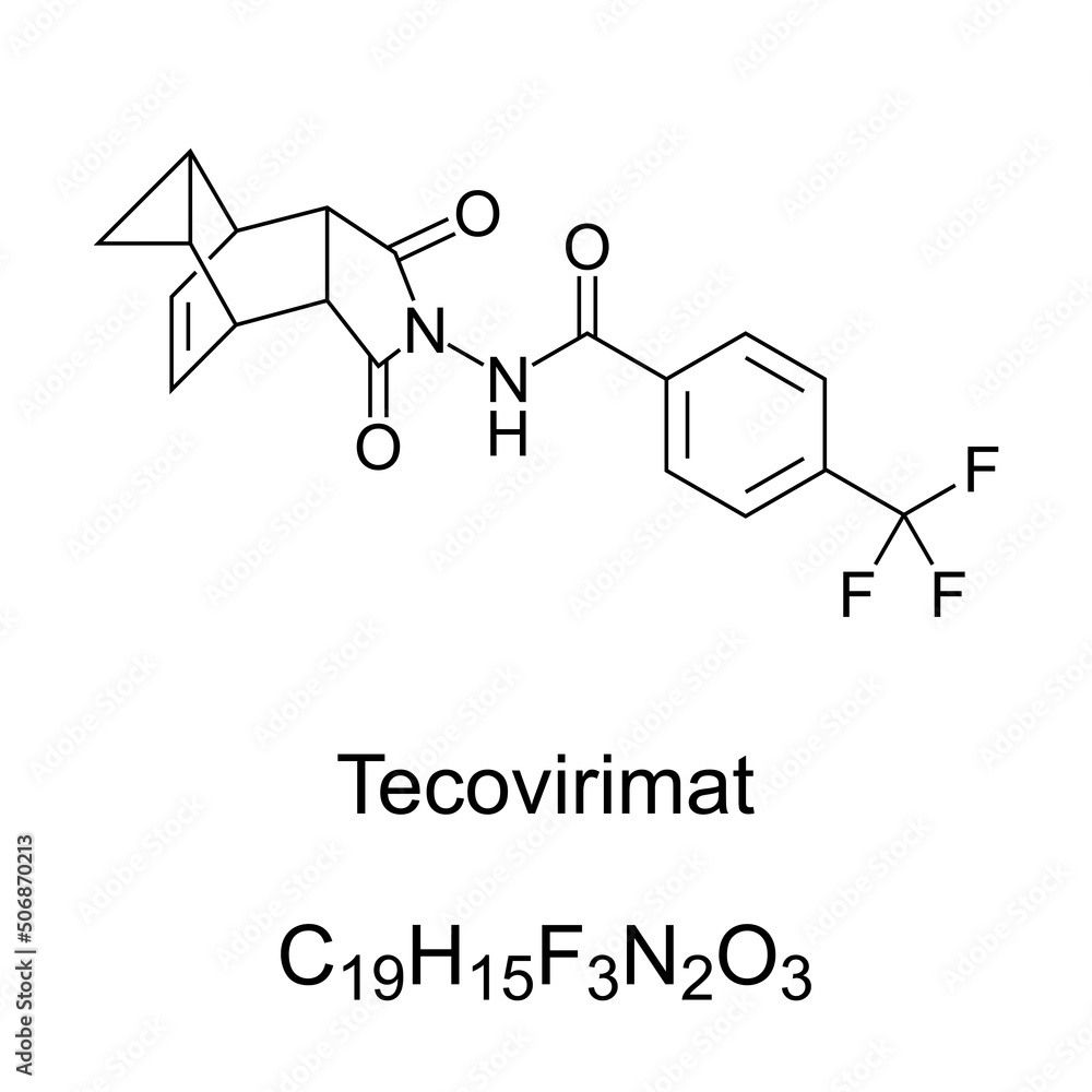 Tecovirimat, chemical formula and skeletal structure. Antiviral medication with activity against orthopoxviruses such as smallpox, monkeypox and rabbitpox. Illustration on white background. Vector.