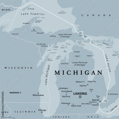 Michigan, MI, gray political map with capital Lansing and metropolitan area Detroit. State in the Great Lakes region of upper Midwestern United States, nicknamed Great Lake State, and Wolverine State.