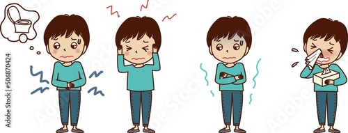 体調不良の若い男性のセットイラスト。腹痛・頭痛・悪寒・鼻水