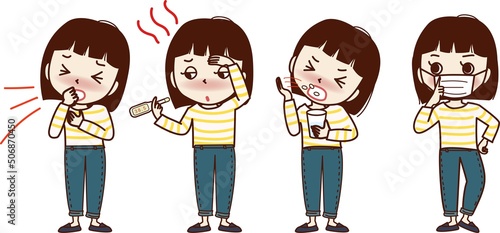 体調不良の若い女性のセットイラスト。咳・発熱・薬・マスク